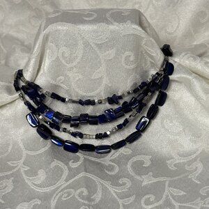 GUC Navy Blue & Silver Beaded Multi-Strand Layered Necklace 19in. With Extender